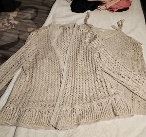 LC Lauren Conrad Beige Open-Knit Ruffle-Hem Cardigan